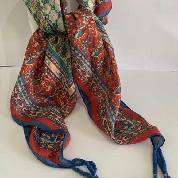 100% Silk Scarf Shawl Tassels Red Teal Ivory Floral Boho Global Artisan Wrap - Picture 5 of 14